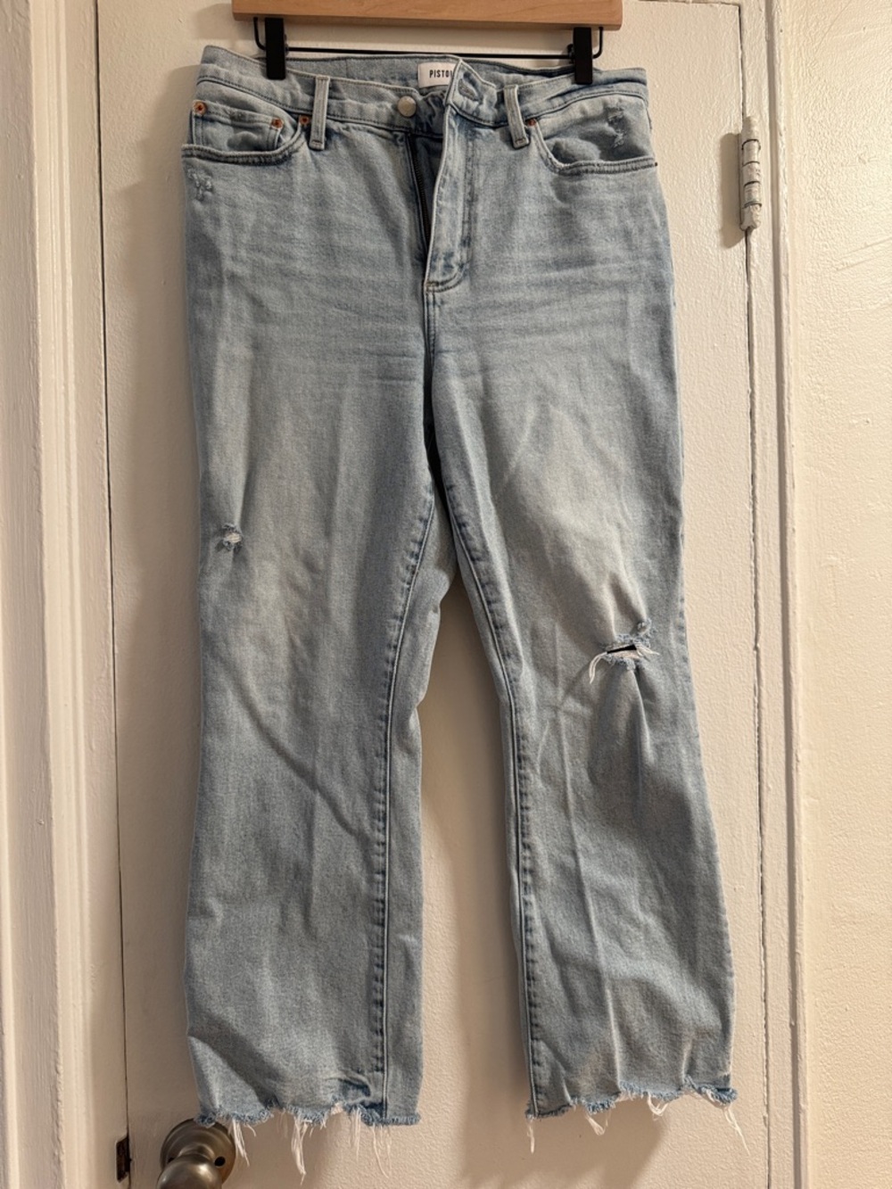 pistola Light Blue Cropped Straight-Leg Ankle Jeans with Knee Distress